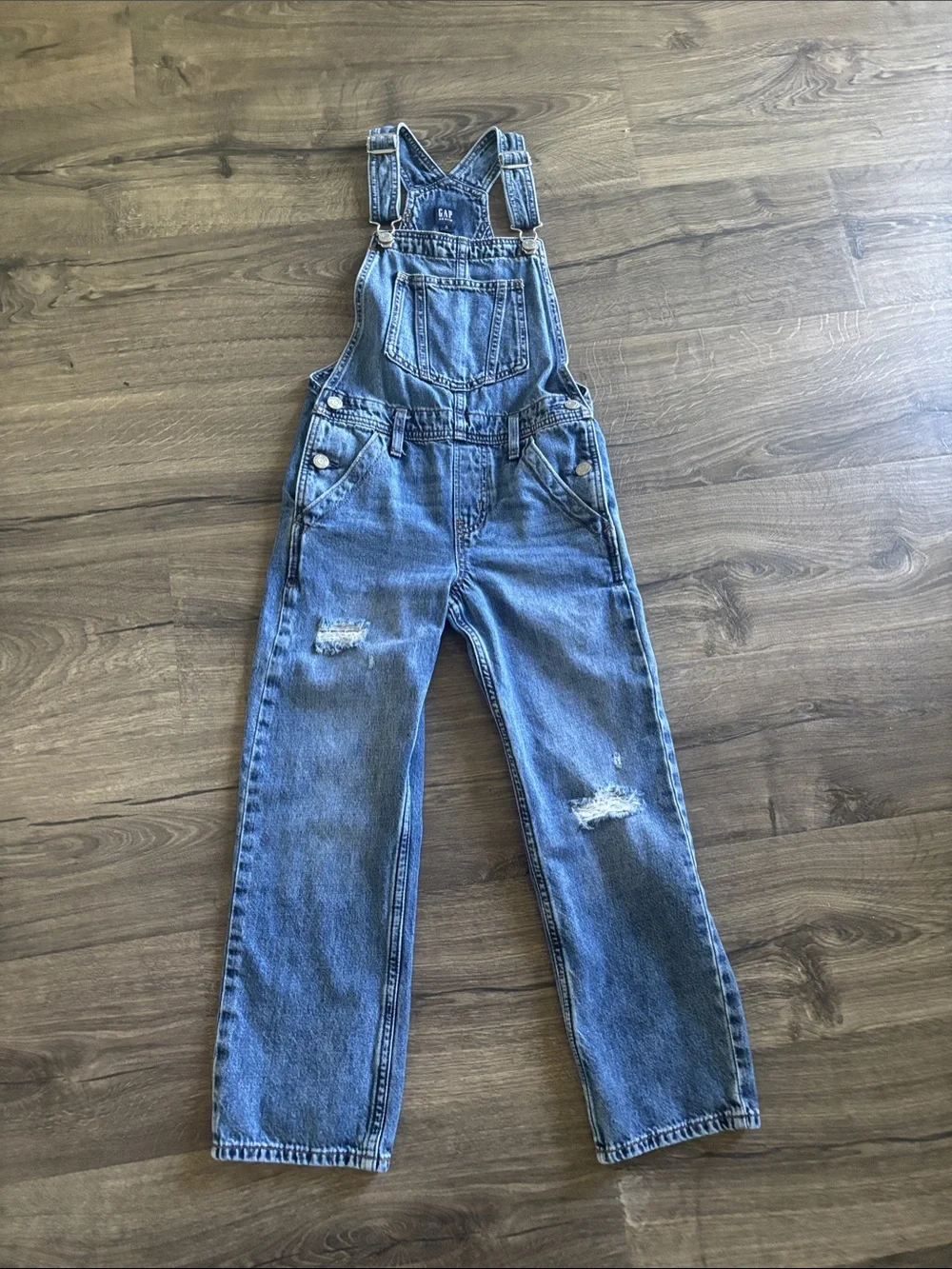 GAP Light Blue Denim Kids Overalls with Distressed Knees